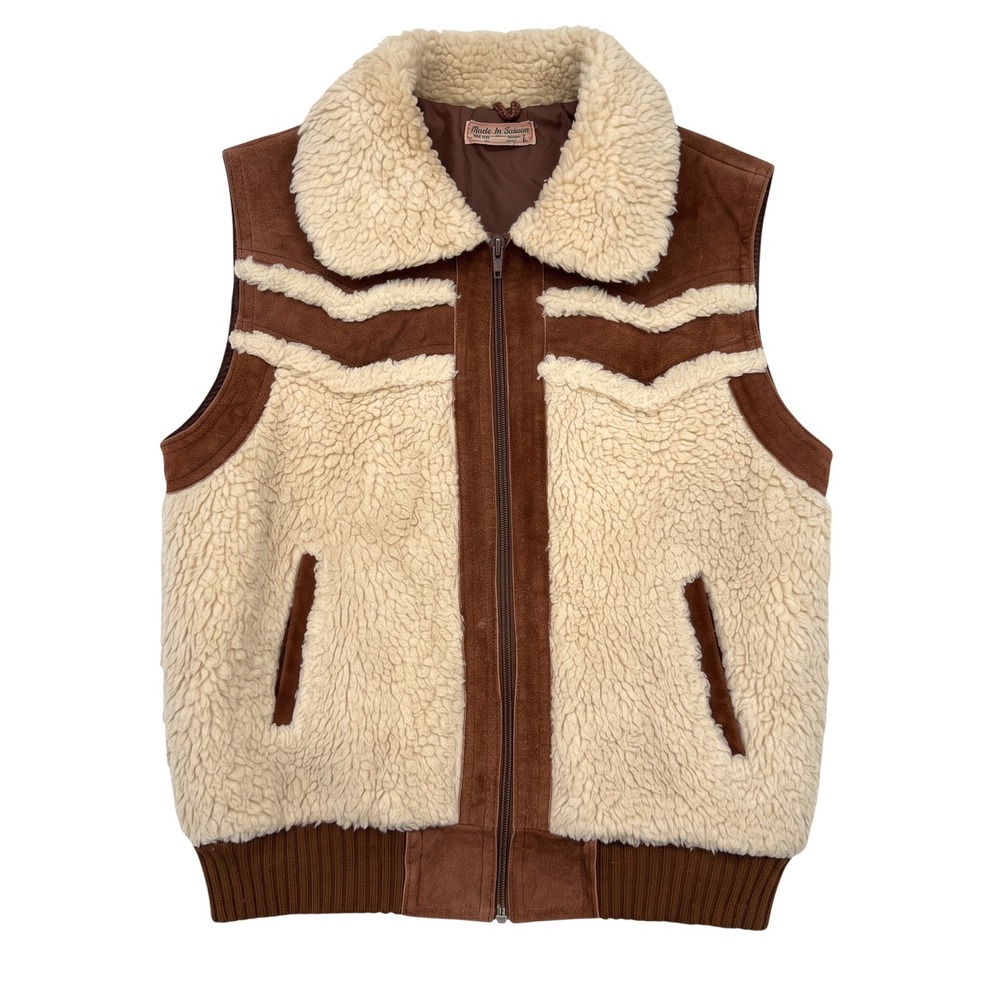 Western Vest Sherpa Suede Leather Chevron Zip Up Women M Vintage Brown Western